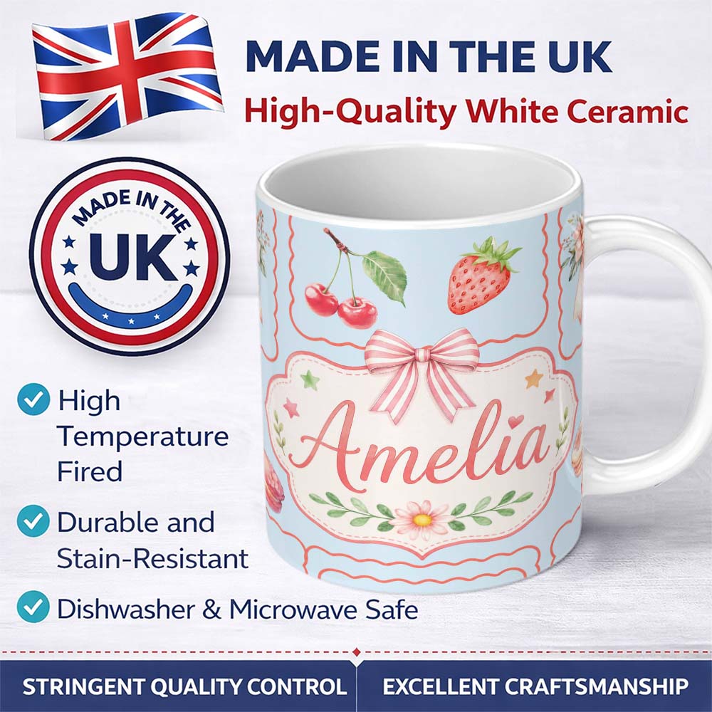 Personalized Custom Name Cute Strawberry Cherry Ribbon Bow Sweet Dessert Pattern Blue Lovely 11oz Ceramic Coffee Tea Mug White Large Handle