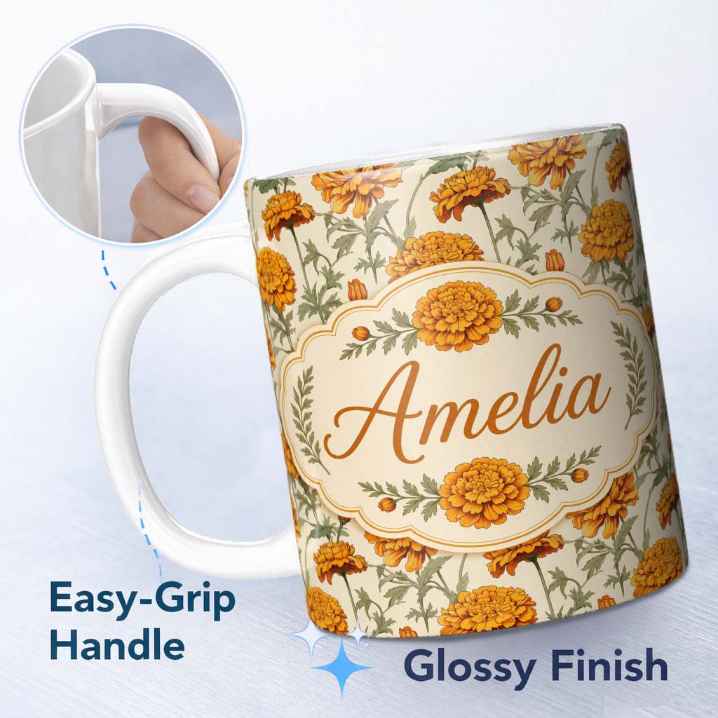Personalized Custom Name Orange Floral Stem Botanical Seamless Pattern on Light Background 11oz Ceramic Coffee Tea Mug White Large Handle