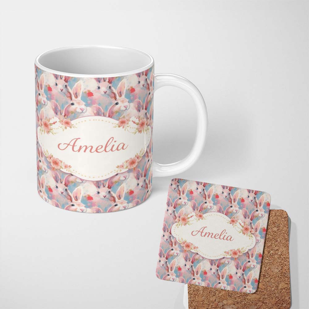 Personalized Custom Name Soft Watercolor Bunny Floral Egg Seamless Pattern Cute Unique Gift 11oz Ceramic Coffee Tea Mug White Large Handle