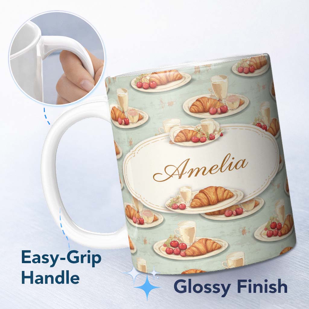 Personalized Custom Name Croissant with Strawberries Soft Blue Dessert Seamless Pattern 11oz Ceramic Coffee Tea Mug White Large Handle