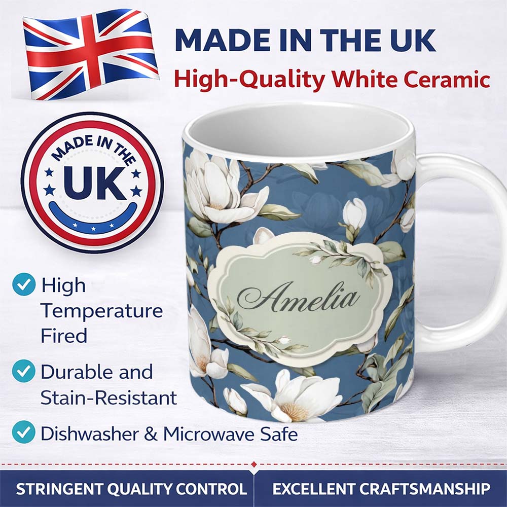 Personalized Custom Name Elegant White Magnolia Flowers on Blue Background Seamless Pattern 11oz Ceramic Coffee Tea Mug White Large Handle