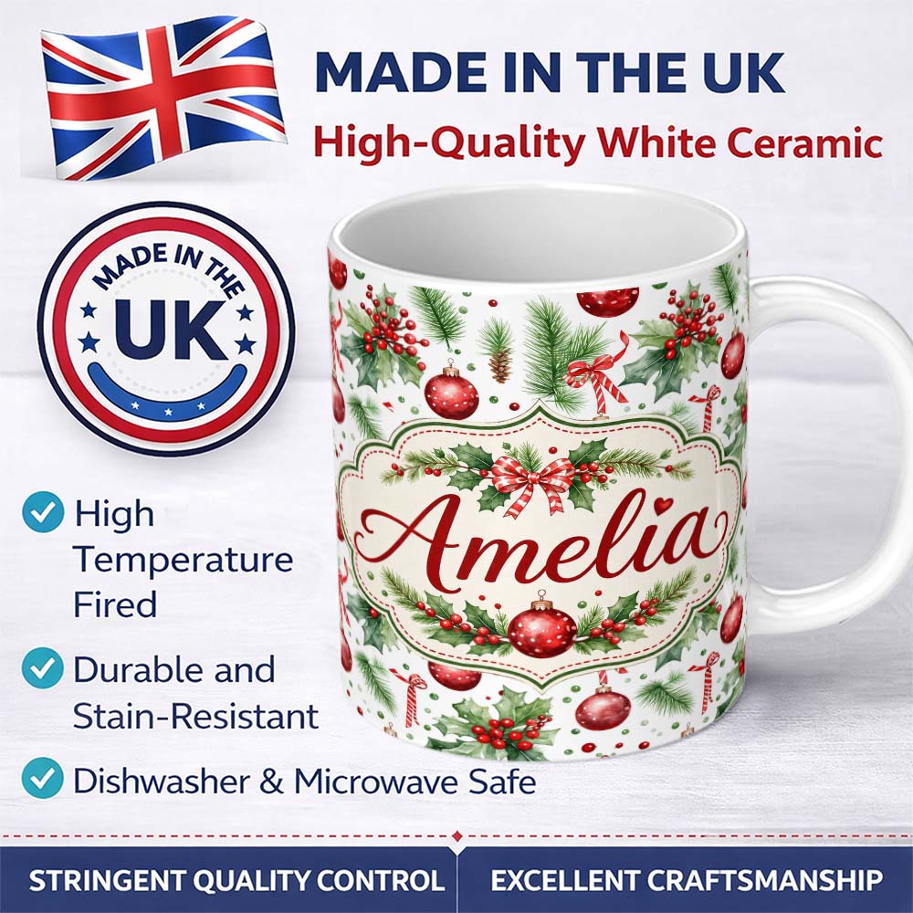 Personalized Custom Name Watercolor Christmas Baubles Holly Pine Branches Seamless Pattern 11oz Ceramic Coffee Tea Mug White Large Handle