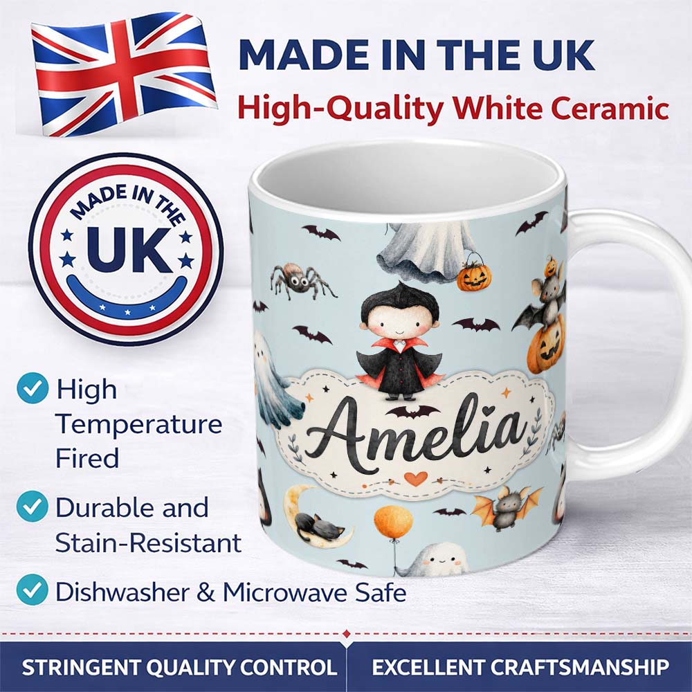 Personalized Custom Name Halloween Vampire Ghost Bats Spooky Characters Pale Blue Seamless 11oz Ceramic Coffee Tea Mug White Large Handle