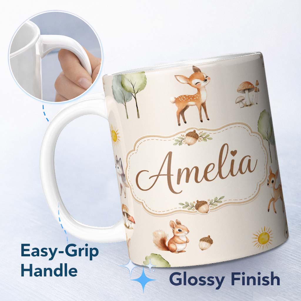 Personalized Custom Name Cute Woodland Deer Fox Mushroom Seamless Pattern on Soft Beige 11oz Ceramic Coffee Tea Mug White Large Handle