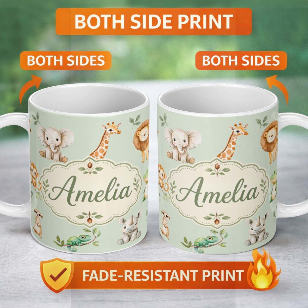 Personalized Custom Name Safari Animals with Elephant Lion and Crocodile on Sage Green Lovely 11oz Ceramic Coffee Tea Mug White Large Handle