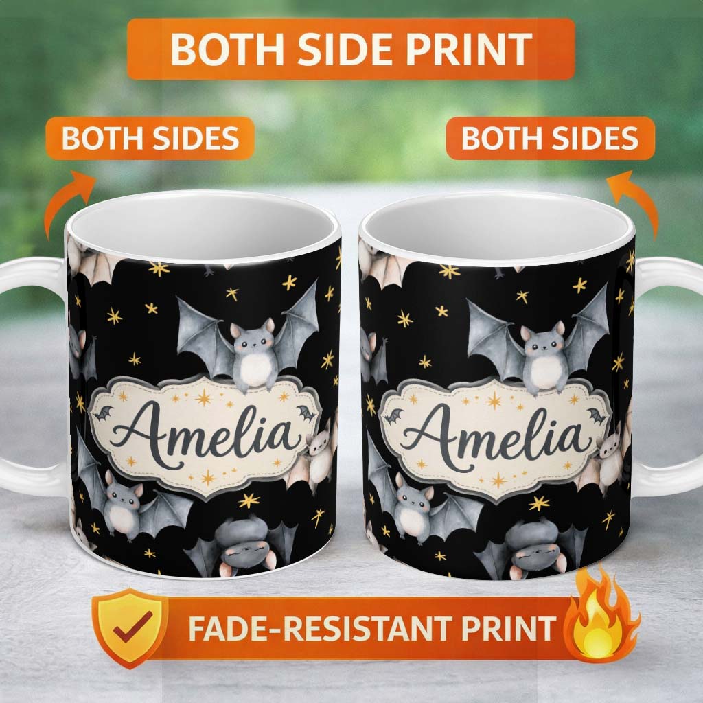 Personalized Custom Name Cute Baby Bats with Stars Night Sky Black Background Seamless 11oz Ceramic Coffee Tea Mug White Large Handle
