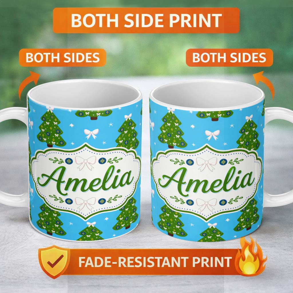 Personalized Custom Name Festive Christmas Trees with White Bows and Stars on Blue Background 11oz Ceramic Coffee Tea Mug White Large Handle