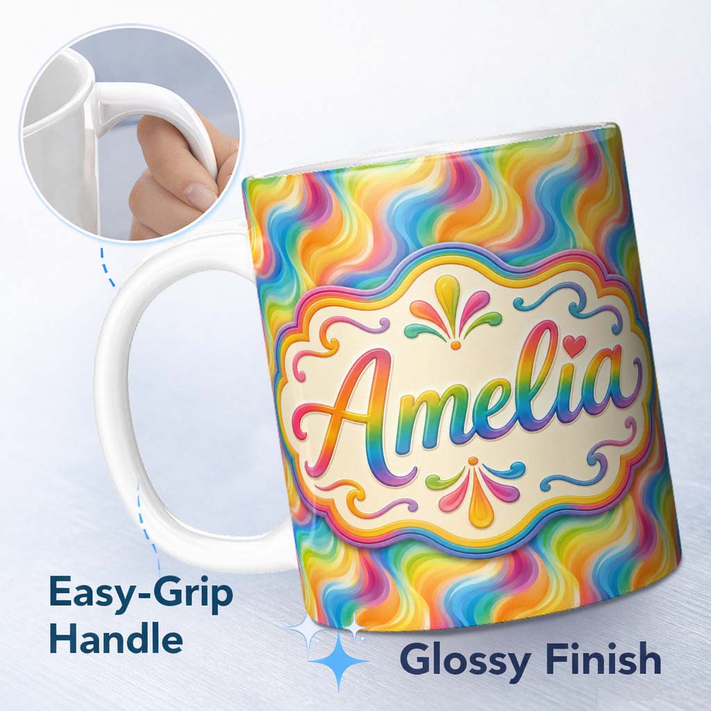 Personalized Custom Name Soft Pastel Rainbow Curved Waves Seamless Pattern Cute Unique Gift 11oz Ceramic Coffee Tea Mug White Large Handle