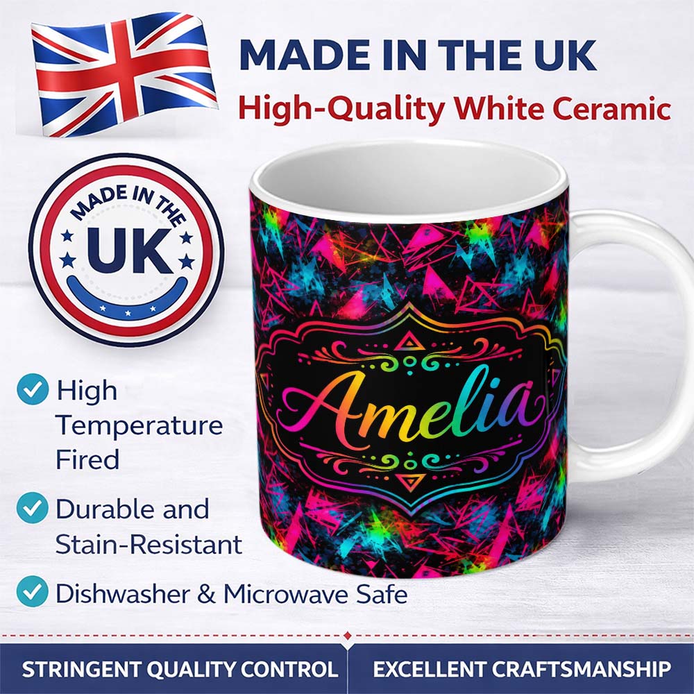Personalized Custom Name Colorful Neon Triangle Graffiti Abstract Seamless Pattern Lovely 11oz Ceramic Coffee Tea Mug White Large Handle