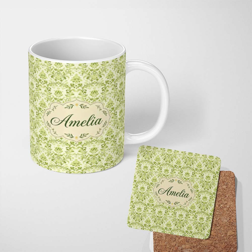 Personalized Custom Name Light Green Vintage Damask Floral Seamless Pattern Cute Unique Gift 11oz Ceramic Coffee Tea Mug White Large Handle
