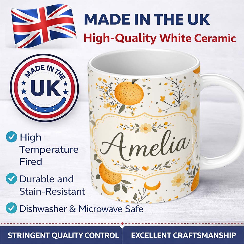Personalized Custom Name Fresh Oranges with Delicate Floral Botanical Pattern Seamless Lovely 11oz Ceramic Coffee Tea Mug White Large Handle