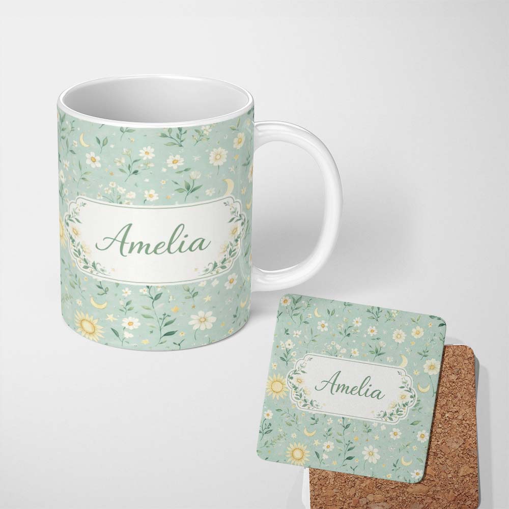 Personalized Custom Name Minimal Floral Leaves and Sun moon Pattern Beautiful Background 11oz Ceramic Coffee Tea Mug White Large Handle