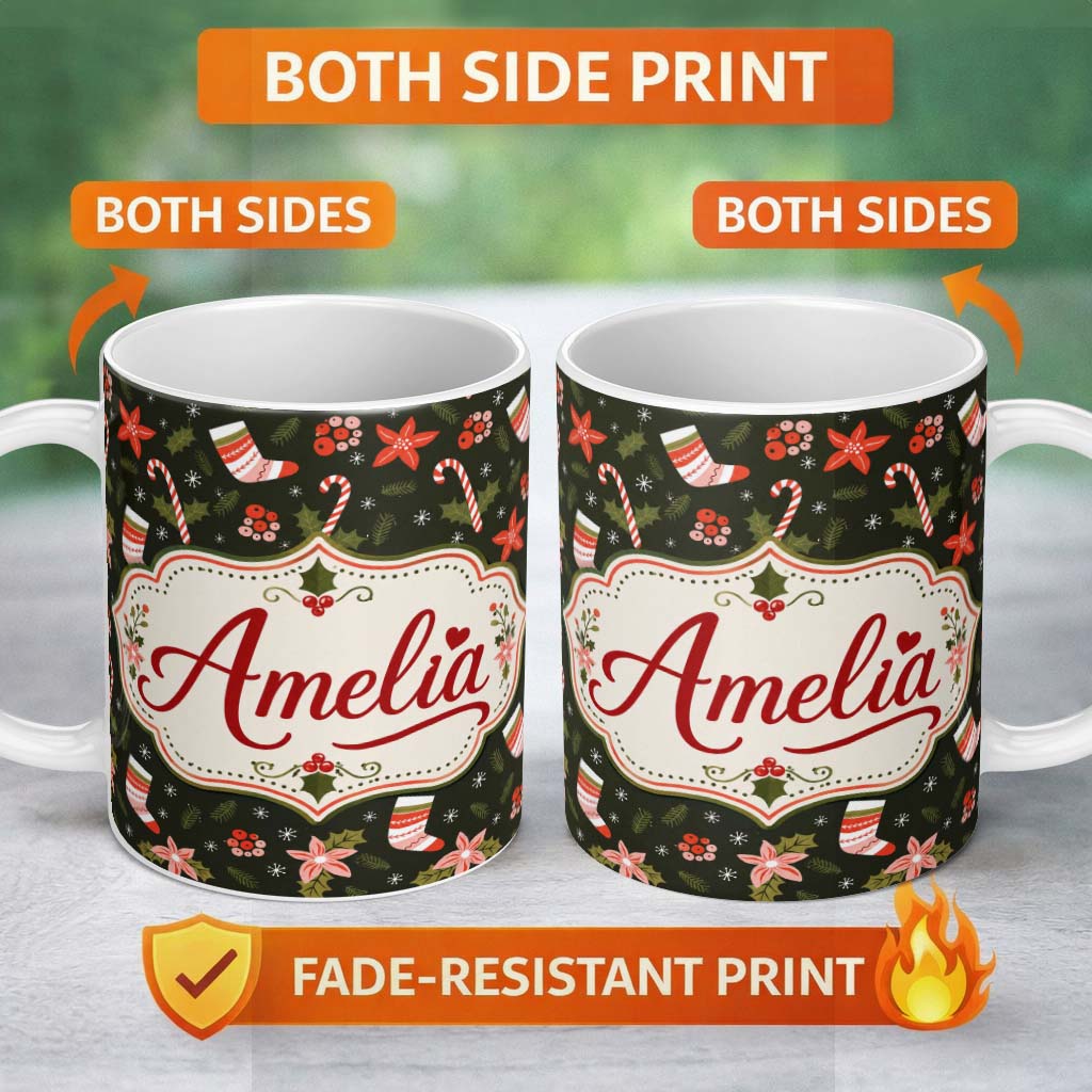 Personalized Custom Name Christmas Stocking Candy Cane Poinsettia Seamless Pattern Festive 11oz Ceramic Coffee Tea Mug White Large Handle