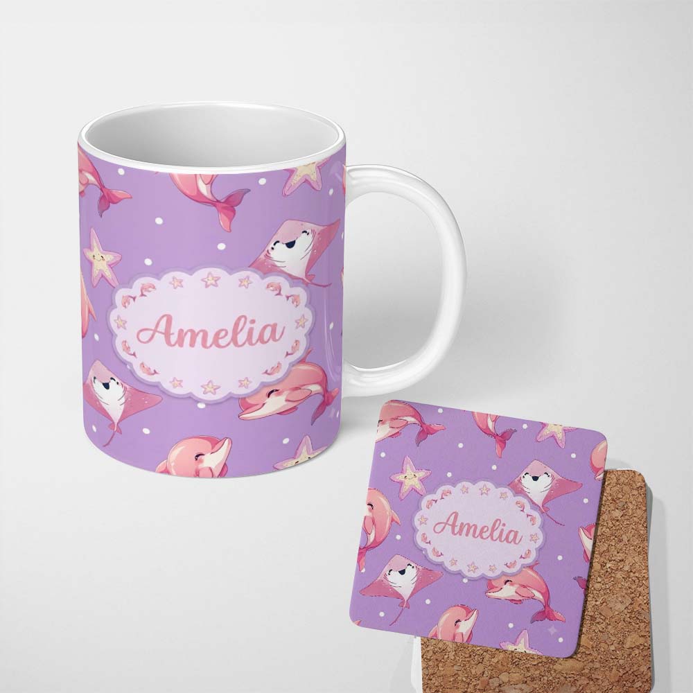 Personalized Custom Name Pink Dolphin Stingray Starfish Ocean Creatures Purple Polka Dot 11oz Ceramic Coffee Tea Mug White Large Handle