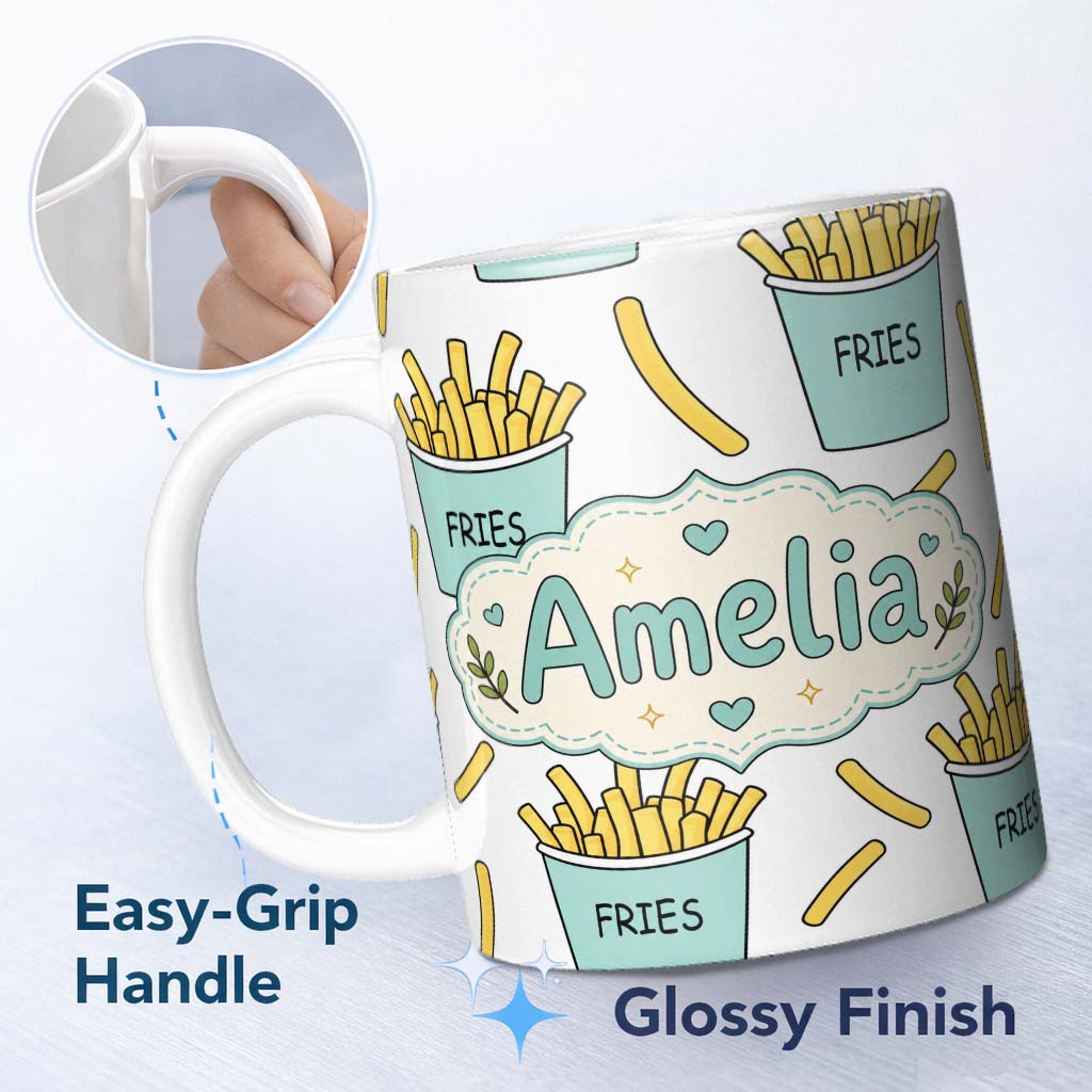 Personalized Custom Name Cute French Fries Cartoon Snack Seamless Pattern Teal Cups Grey 11oz Ceramic Coffee Tea Mug White Large Handle