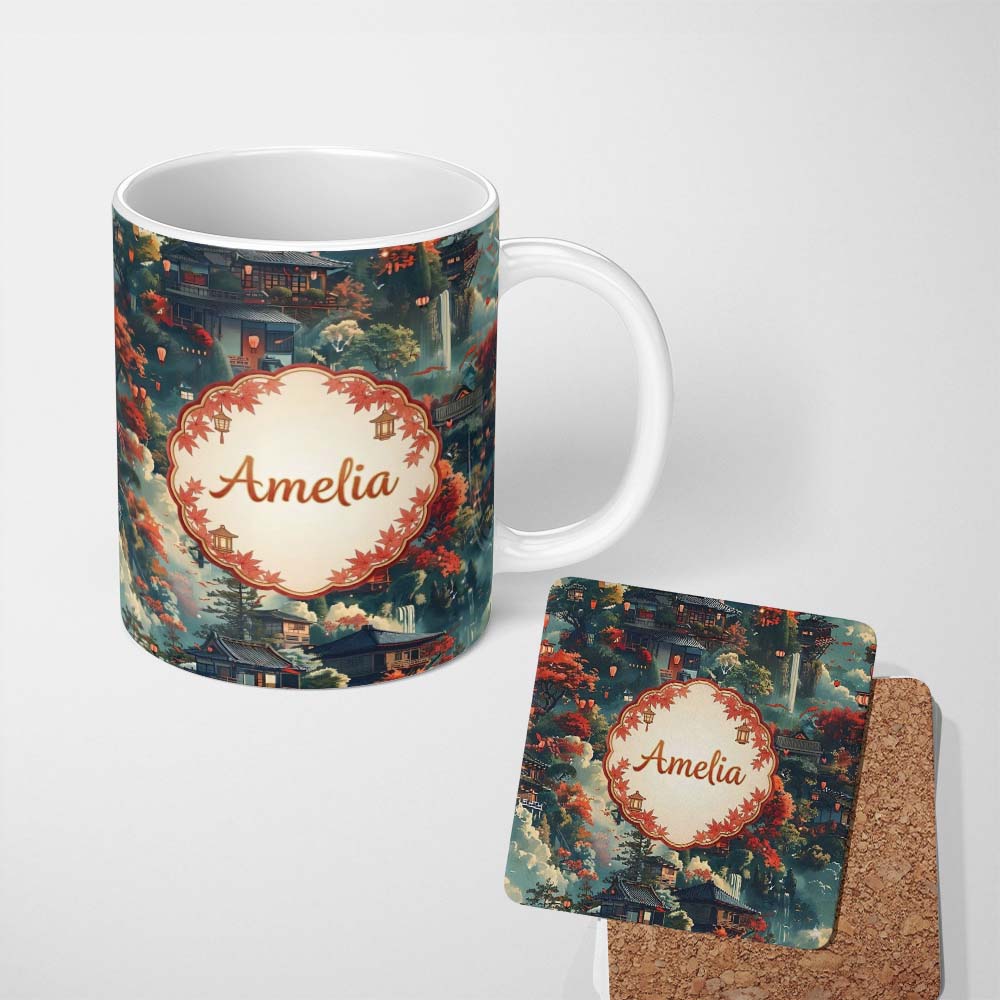 Personalized Custom Name Japanese Autumn Village Landscape Pattern with Moon and Lanterns 11oz Ceramic Coffee Tea Mug White Large Handle