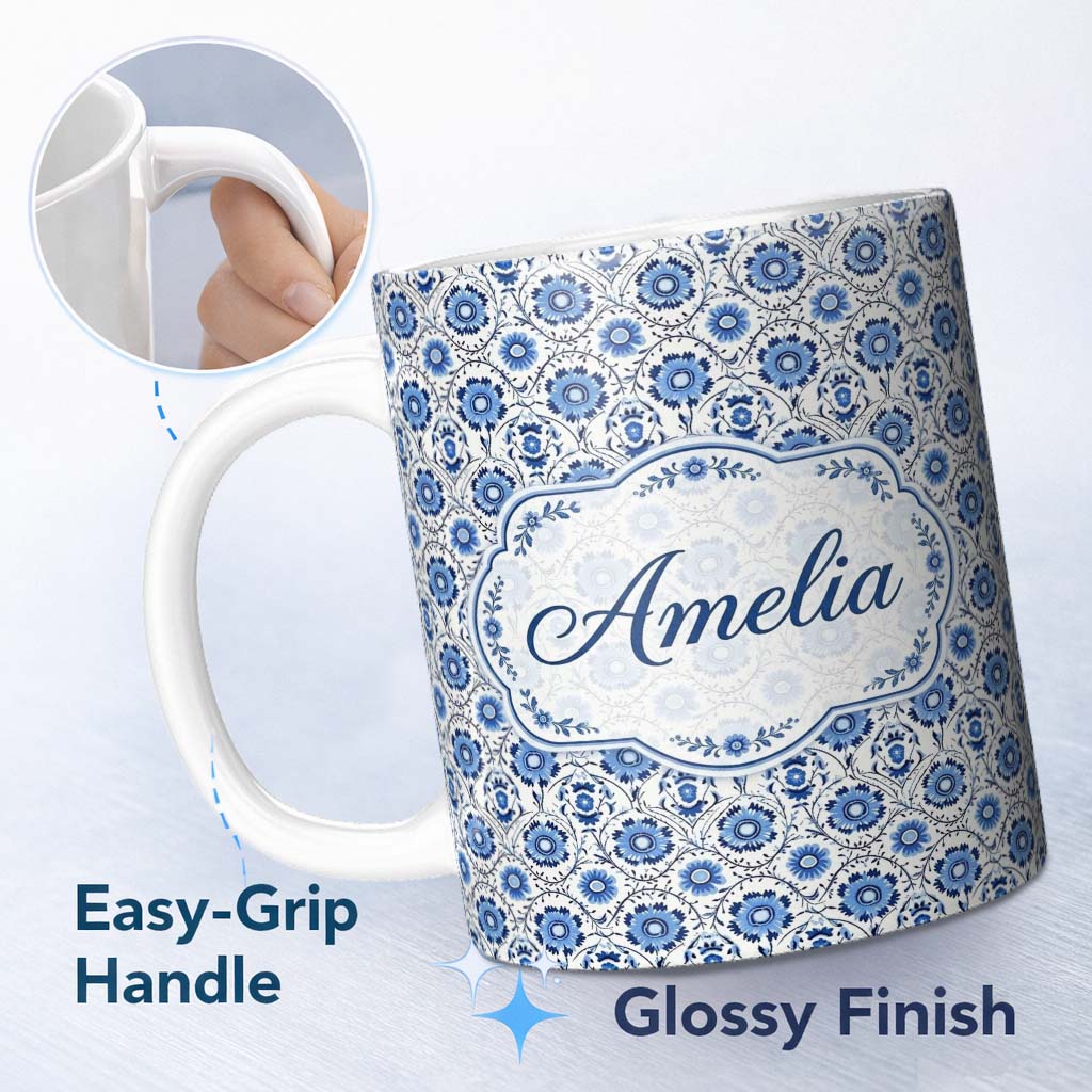 Personalized Custom Name Blue Floral Folk Art Seamless Pattern Decorative Botanical Tile 11oz Ceramic Coffee Tea Mug White Large Handle