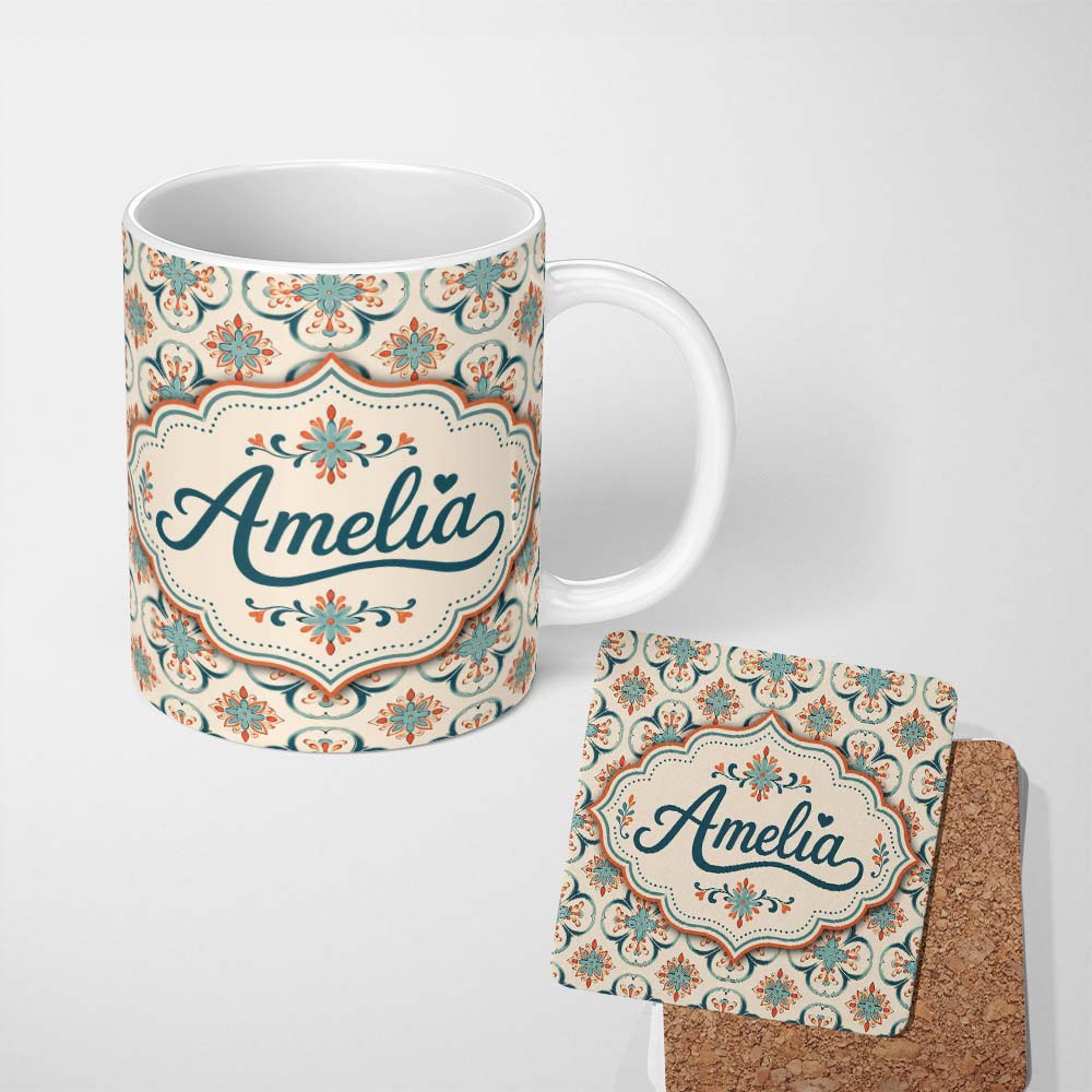 Personalized Custom Name Soft Teal Floral Tile Pattern with Coral Accents on Neutral Lovely 11oz Ceramic Coffee Tea Mug White Large Handle