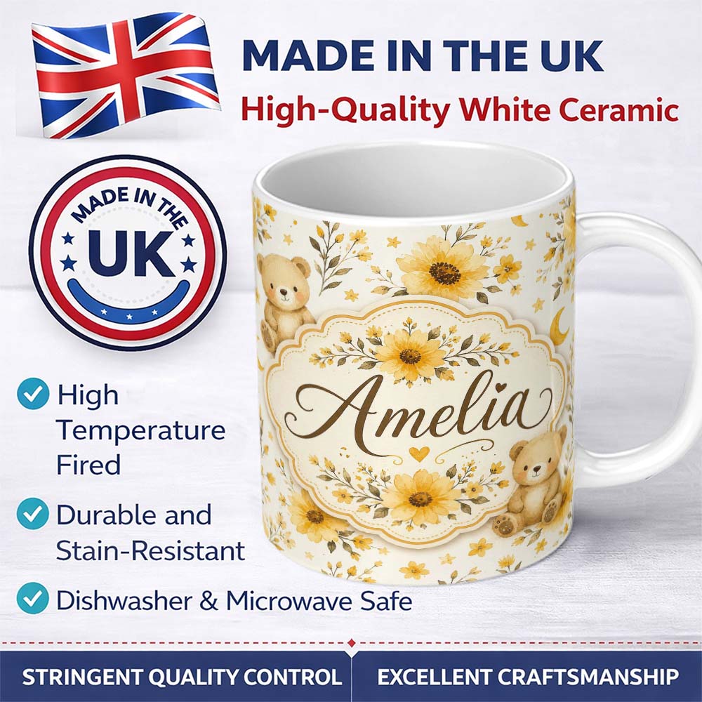 Personalized Custom Name Cute Teddy Bears with Yellow Flowers Seamless Pattern Lovely 11oz Ceramic Coffee Tea Mug White Large Handle