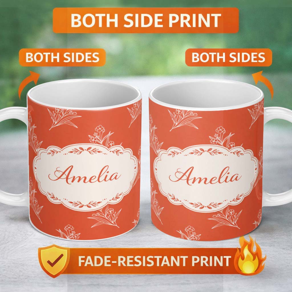 Personalized Custom Name Minimal White Floral Line Art Orange Background Seamless Pattern 11oz Ceramic Coffee Tea Mug White Large Handle
