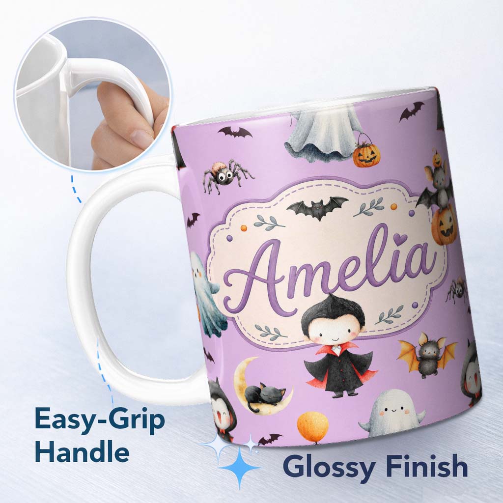 Personalized Custom Name Halloween Vampire Ghost Bat Spooky Character Purple Seamless 11oz Ceramic Coffee Tea Mug White Large Handle