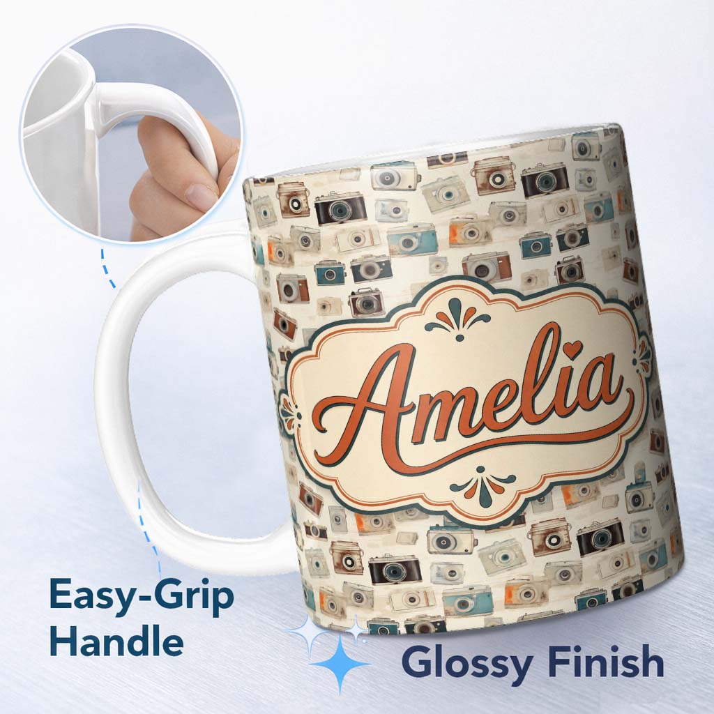Personalized Custom Name Soft Watercolour Vintage Camera Tossed Seamless Pattern Neutral 11oz Ceramic Coffee Tea Mug White Large Handle