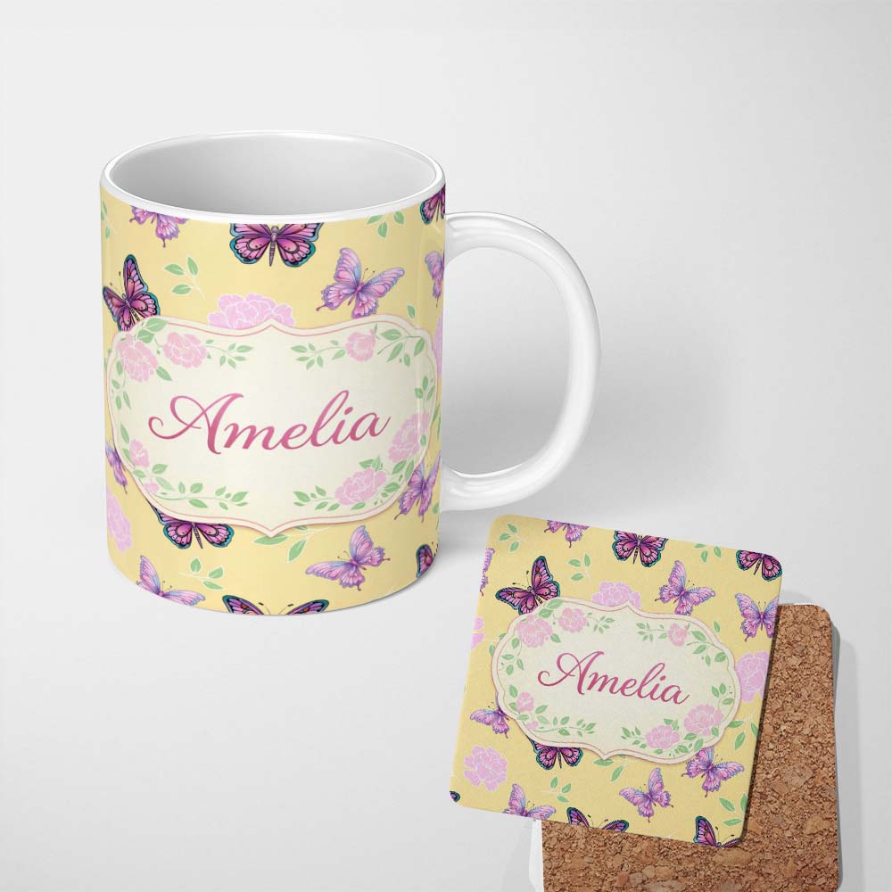 Personalized Custom Name Galaxy Butterfly Neon Pink Blue Dark Space Seamless Pattern Lovely 11oz Ceramic Coffee Tea Mug White Large Handle