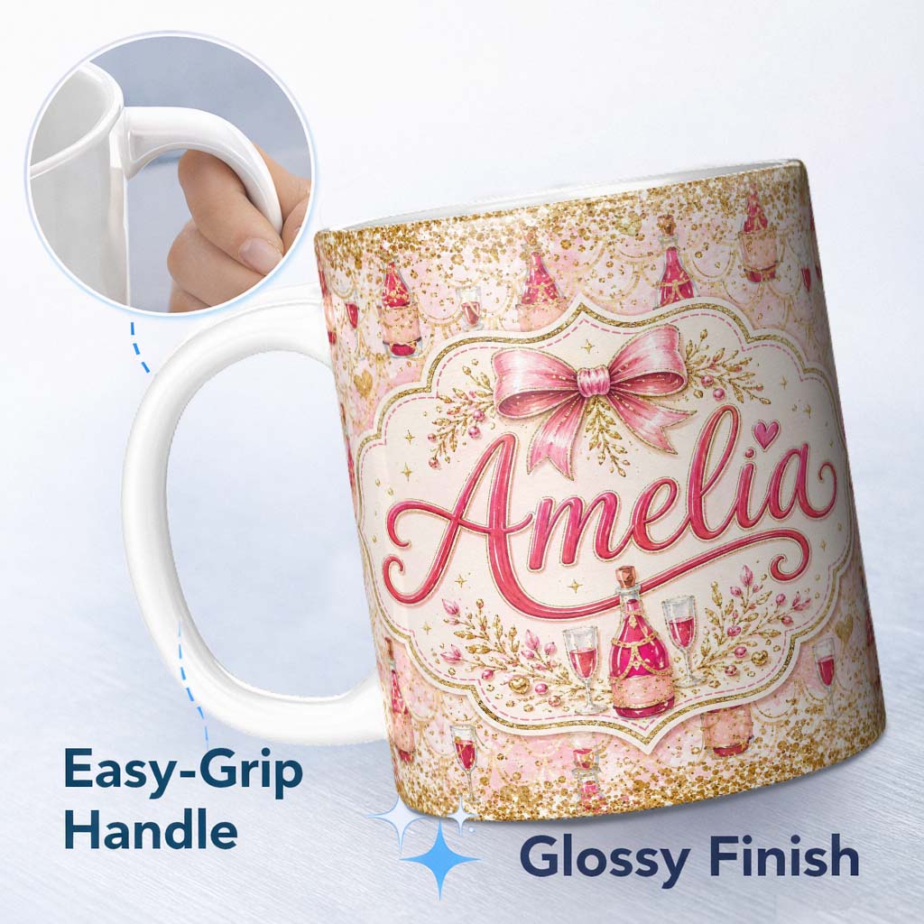 Personalized Custom Name Luxury Champagne Bottle Gold Glitter Celebration Seamless Pattern 11oz Ceramic Coffee Tea Mug White Large Handle