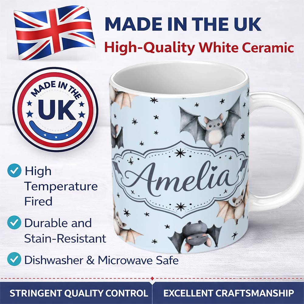 Personalized Custom Name Cute Watercolor Bats and Stars Seamless Pattern Soft Blue Background 11oz Ceramic Coffee Tea Mug White Large Handle