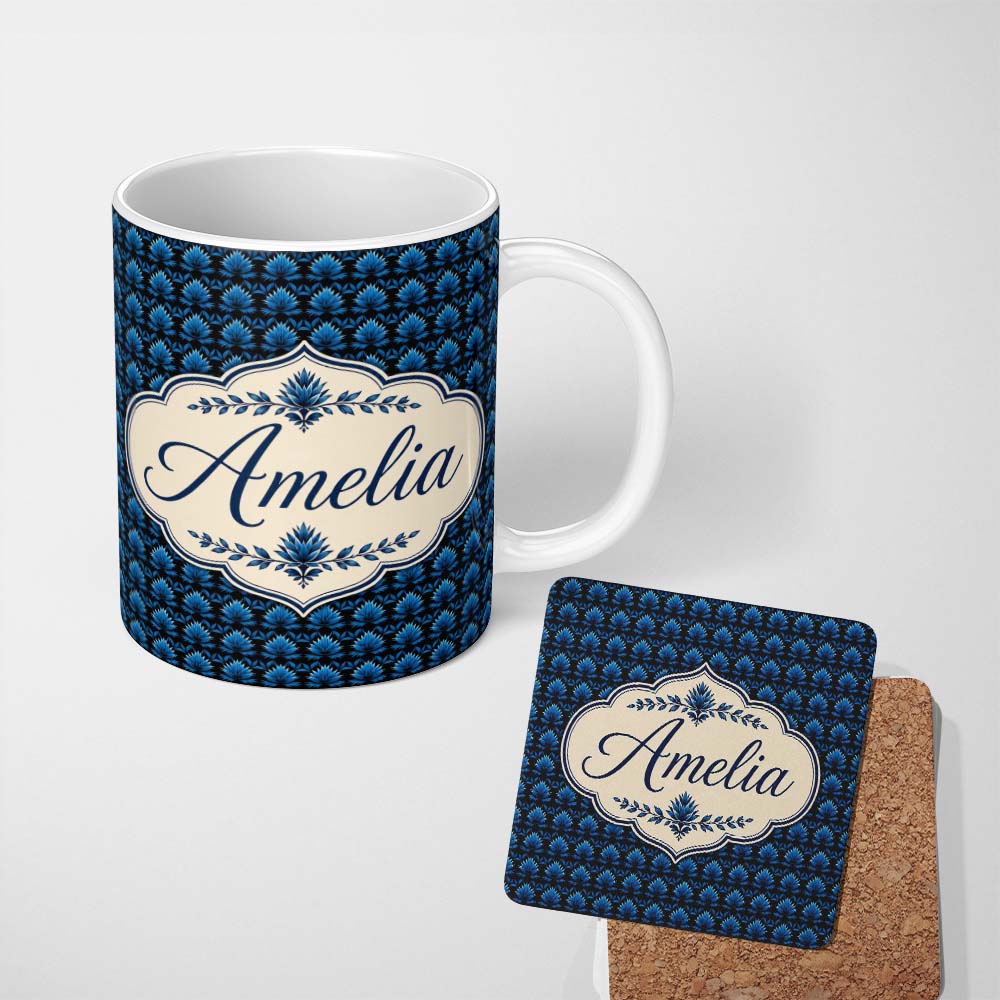 Personalized Custom Name Dark Blue Lotus Flower Repeat Seamless Pattern Beautiful Coffee Cup 11oz Ceramic Coffee Tea Mug White Large Handle