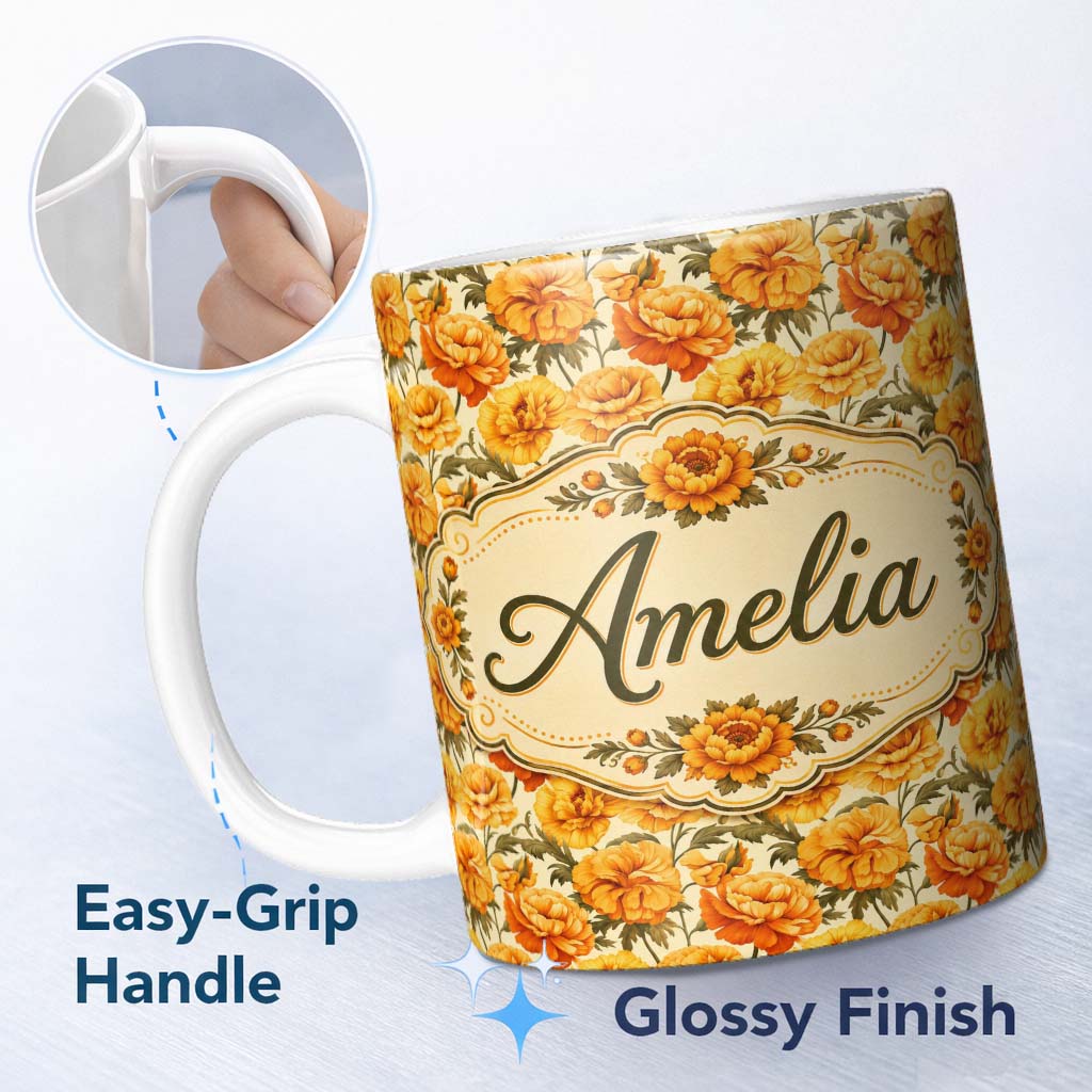 Personalized Custom Name Soft Pastel Orange Floral Pattern with Cream and Sage Tones Lovely 11oz Ceramic Coffee Tea Mug White Large Handle