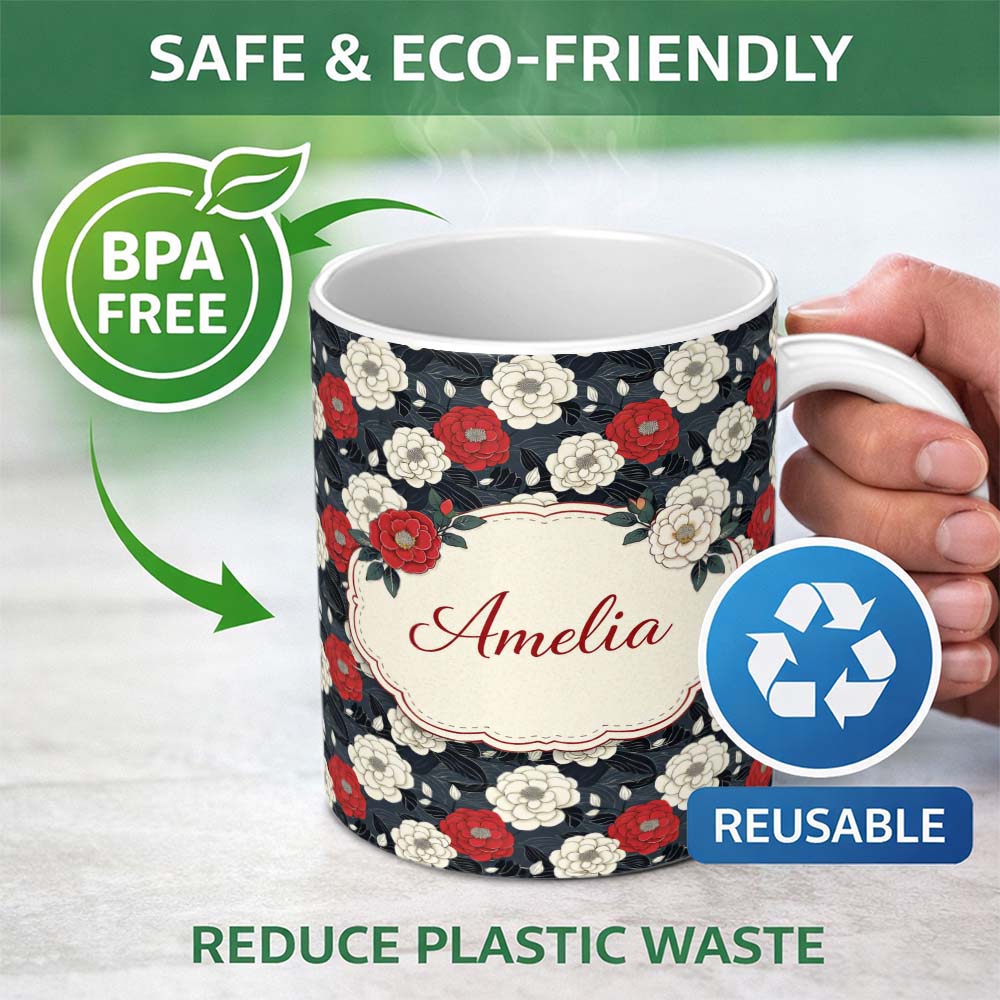 Personalized Custom Name Bold Red and Ivory Camellia Floral Seamless Pattern Cute Unique Gift 11oz Ceramic Coffee Tea Mug White Large Handle