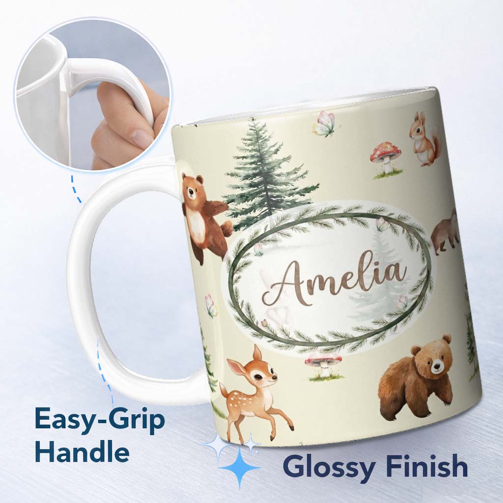 Personalized Custom Name Bear Bunny Squirrel Trees Mushrooms Butterfly Soft Cream Seamless 11oz Ceramic Coffee Tea Mug White Large Handle