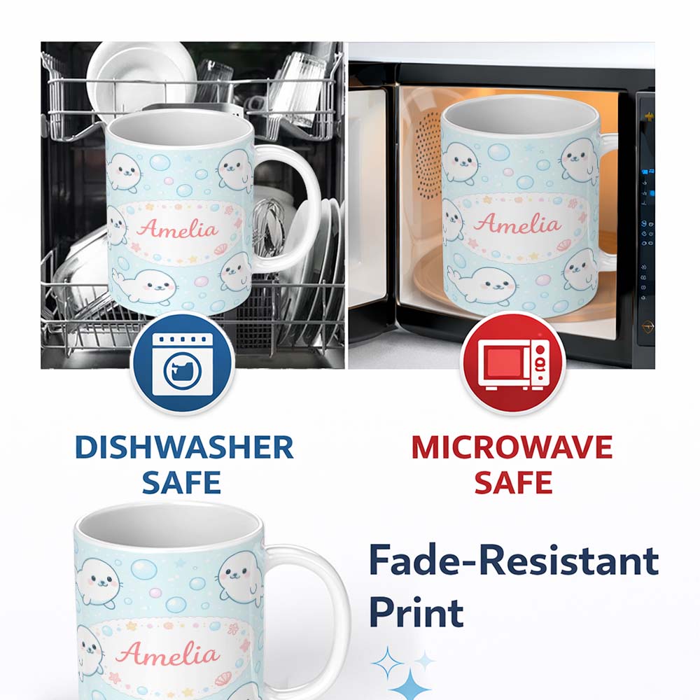 Personalized Custom Name Cute Kawaii Seal Cartoon Animal Ocean Pattern Stylish Everyday Mug 11oz Ceramic Coffee Tea Mug White Large Handle