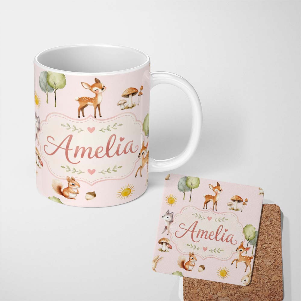 Personalized Custom Name Woodland Deer Fox Squirrel with Trees Mushrooms Soft Pink Seamless 11oz Ceramic Coffee Tea Mug White Large Handle