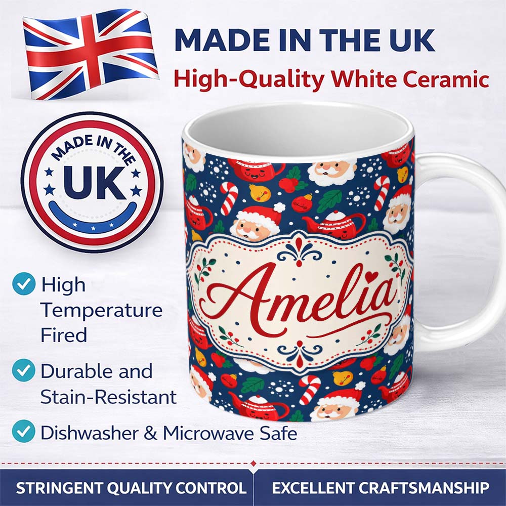 Personalized Custom Name Cute Santa Teapot Candy Cane Seamless Pattern Design Fun Christmas 11oz Ceramic Coffee Tea Mug White Large Handle