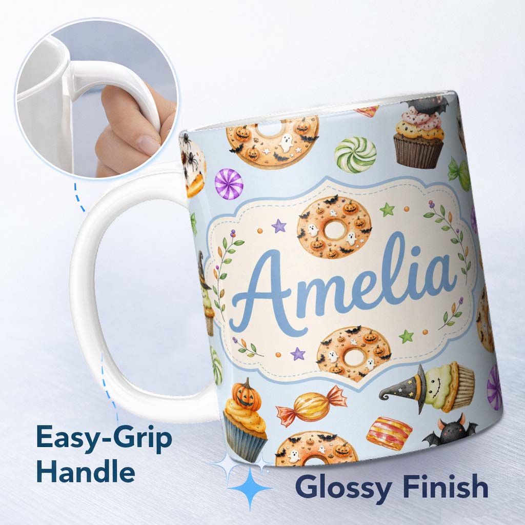 Personalized Custom Name Cute Halloween Spooky Donuts Cupcakes Treats Blue Background 11oz Ceramic Coffee Tea Mug White Large Handle