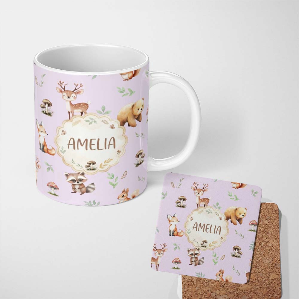 Personalized Custom Name Woodland Deer Bear Fox Owl Raccoon Leaves Mushrooms Lilac Seamless 11oz Ceramic Coffee Tea Mug White Large Handle