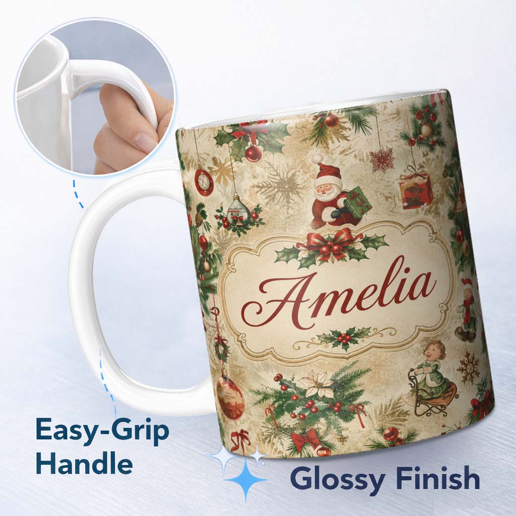 Personalized Custom Name Vintage Christmas Santa Children Holly Ornaments Snowflakes Festive 11oz Ceramic Coffee Tea Mug White Large Handle