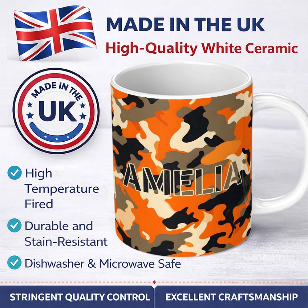 Personalized Custom Name Orange Beige Camouflage Soft Contrast Seamless Pattern Lovely 11oz Ceramic Coffee Tea Mug White Large Handle