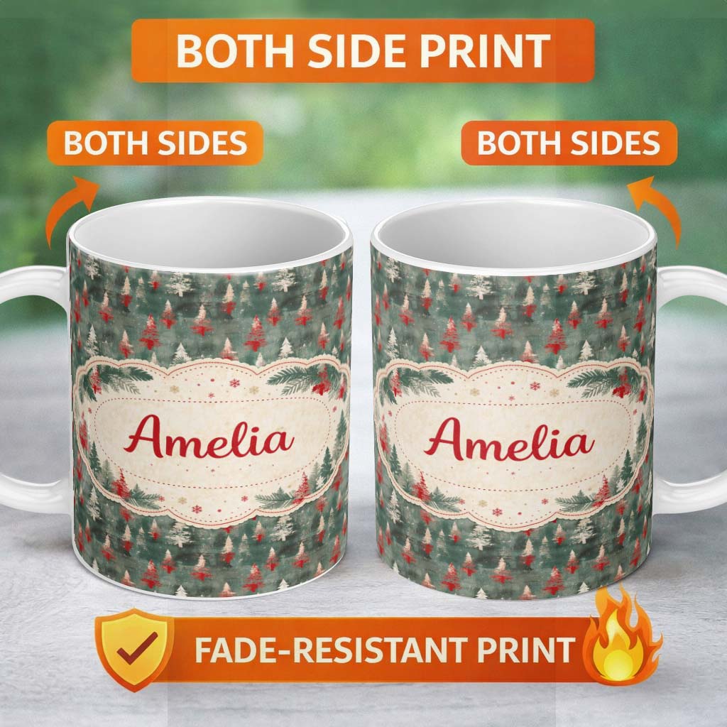 Personalized Custom Name Abstract Watercolor Christmas Trees Green Artistic Seamless Pattern 11oz Ceramic Coffee Tea Mug White Large Handle