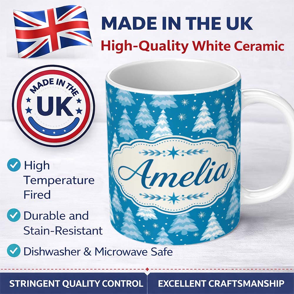 Personalized Custom Name Snowy Blue Winter Christmas Trees Snowflakes Seamless Pattern Lovely 11oz Ceramic Coffee Tea Mug White Large Handle
