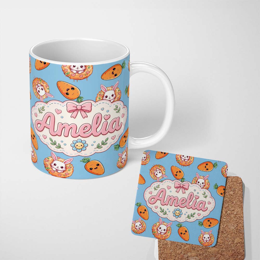 Personalized Custom Name Cute Easter Bunny Carrot Donut Hearts Seamless Pattern Sky Blue 11oz Ceramic Coffee Tea Mug White Large Handle