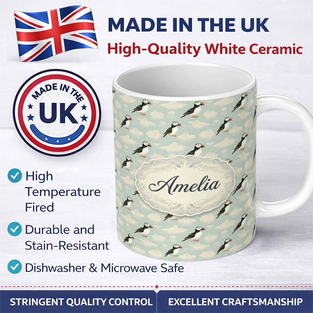 Personalized Custom Name Cute Puffin Birds with Soft Cloud Background Seamless Pattern Lovely 11oz Ceramic Coffee Tea Mug White Large Handle