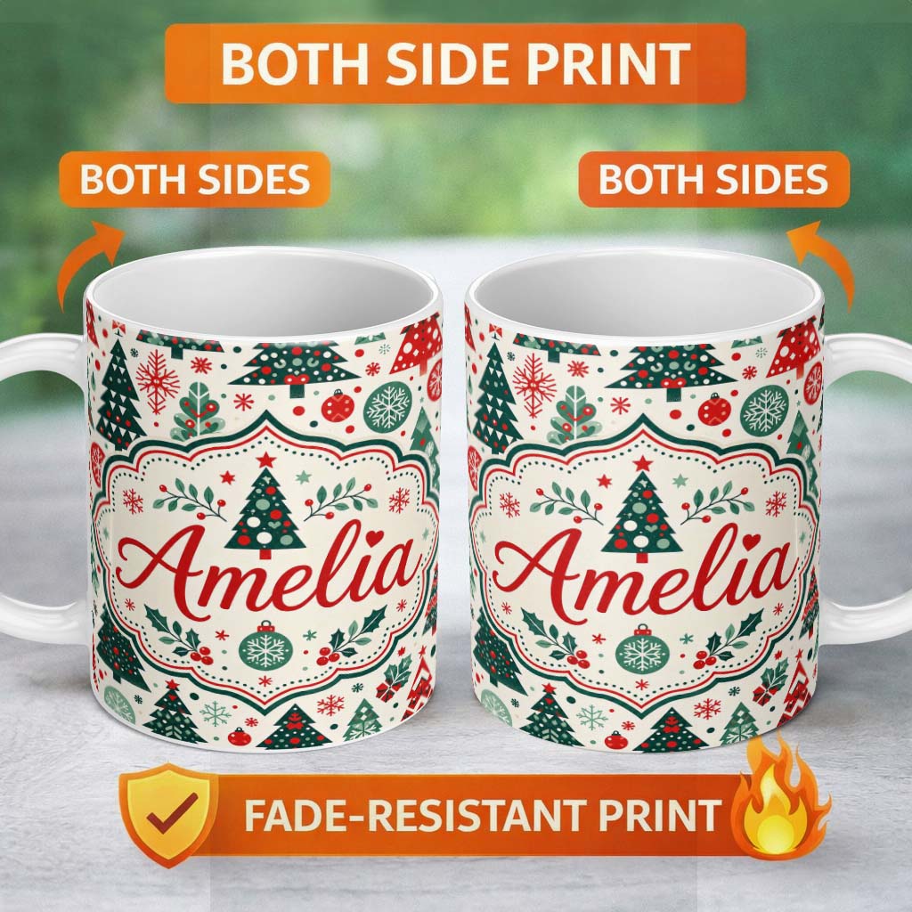Personalized Custom Name Christmas Trees, Ornaments Folk Art Seamless Pattern Red Green 11oz Ceramic Coffee Tea Mug White Large Handle