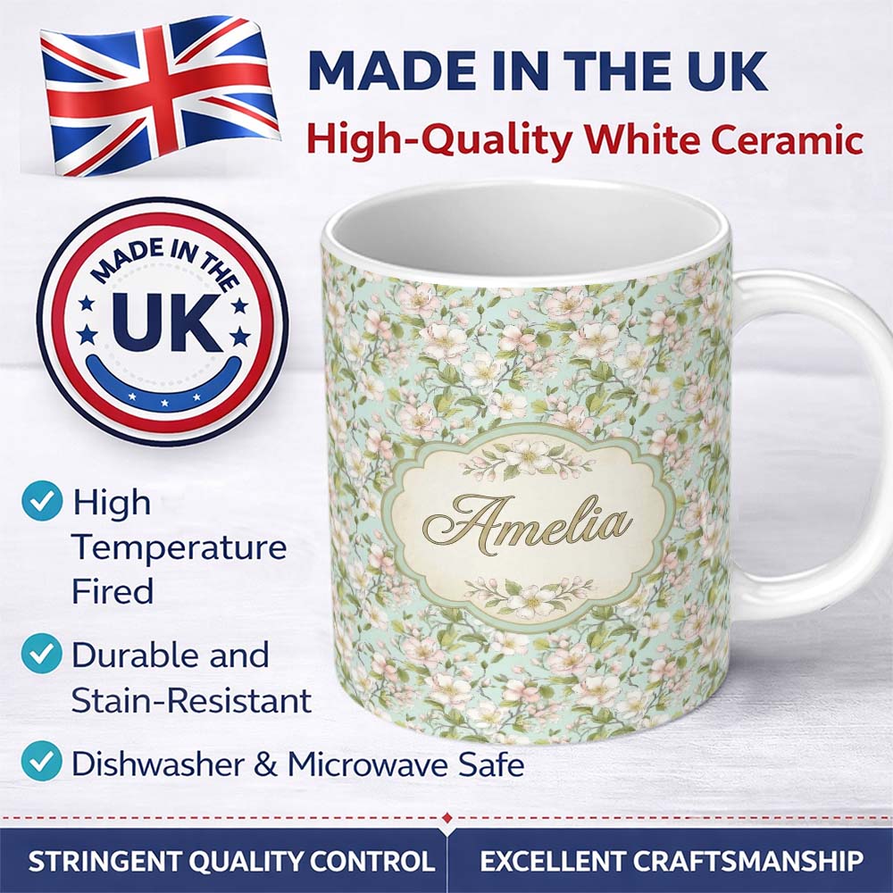 Personalized Custom Name Delicate Cherry Blossom Pastel Floral Seamless Pattern Lovely 11oz Ceramic Coffee Tea Mug White Large Handle
