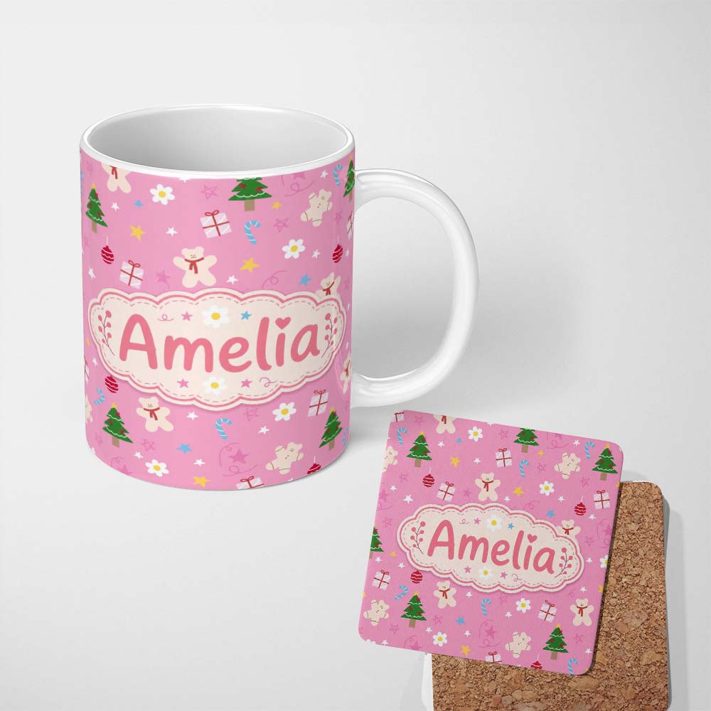 Personalized Custom Name Cute Christmas Teddy Gingerbread Tree Candy Seamless Pattern Lovely 11oz Ceramic Coffee Tea Mug White Large Handle