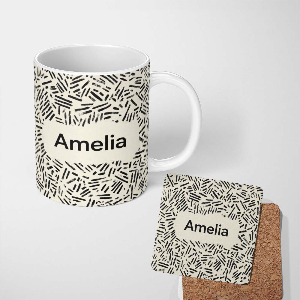 Personalized Custom Name Scattered Dash Marks Black Cream Organic Abstract Pattern Lovely 11oz Ceramic Coffee Tea Mug White Large Handle
