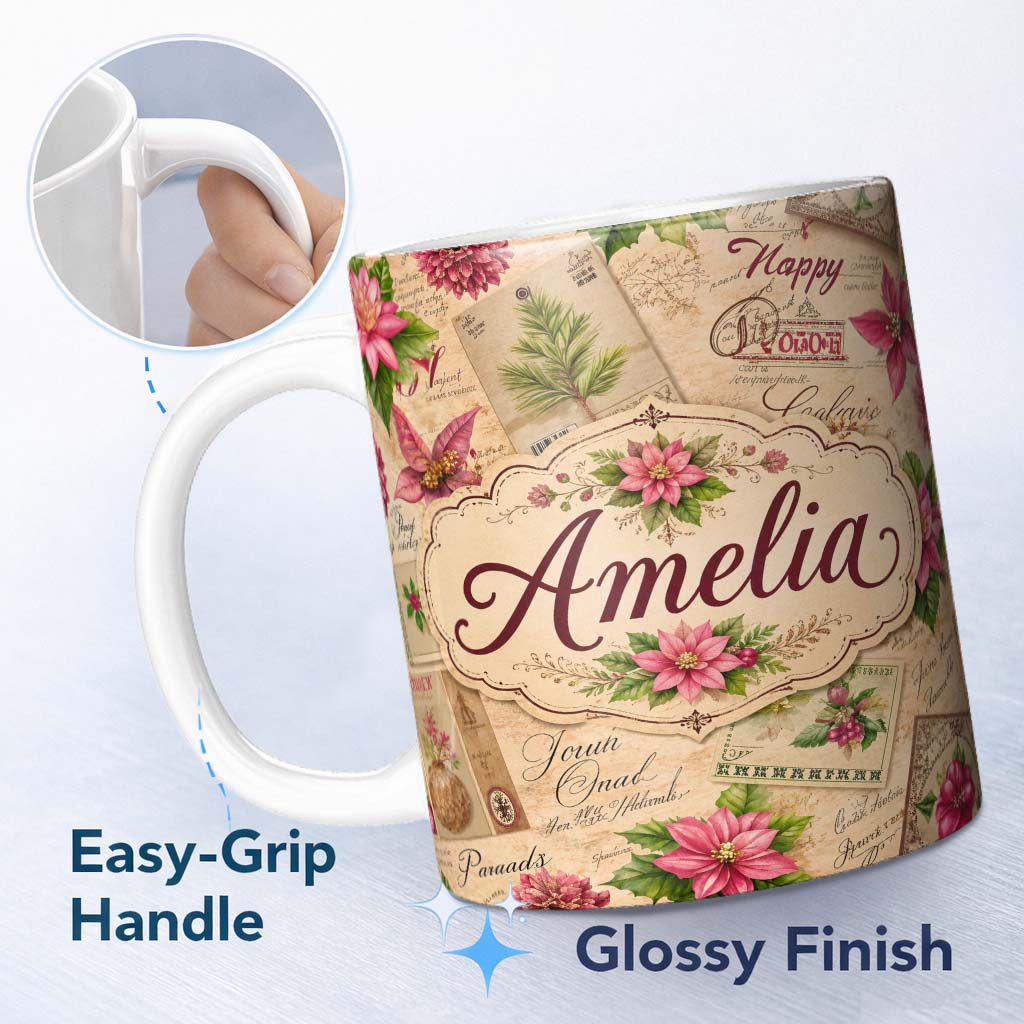 Personalized Custom Name Vintage Christmas Letters Poinsettia Floral Collage Festive Holiday 11oz Ceramic Coffee Tea Mug White Large Handle