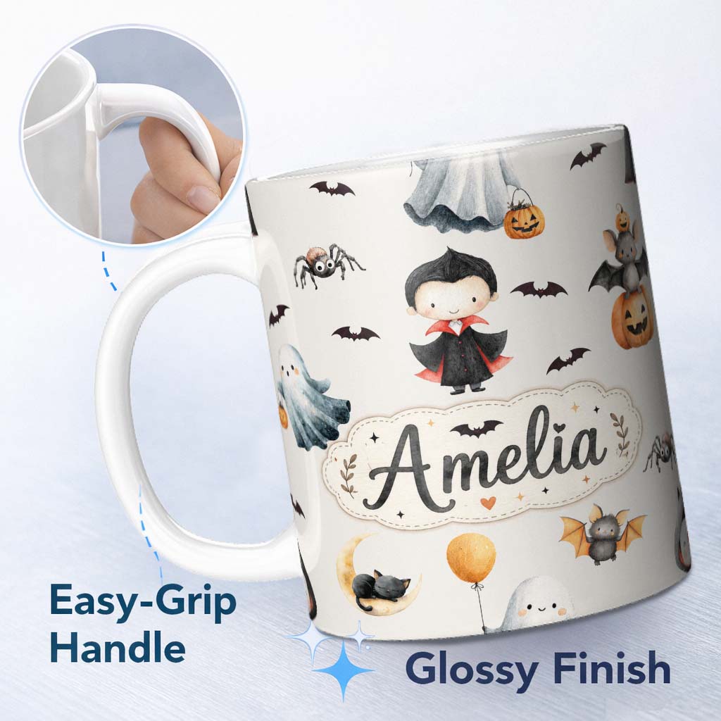 Personalized Custom Name Cute Halloween Vampire Ghost Bats Spooky Cream Background Seamless 11oz Ceramic Coffee Tea Mug White Large Handle